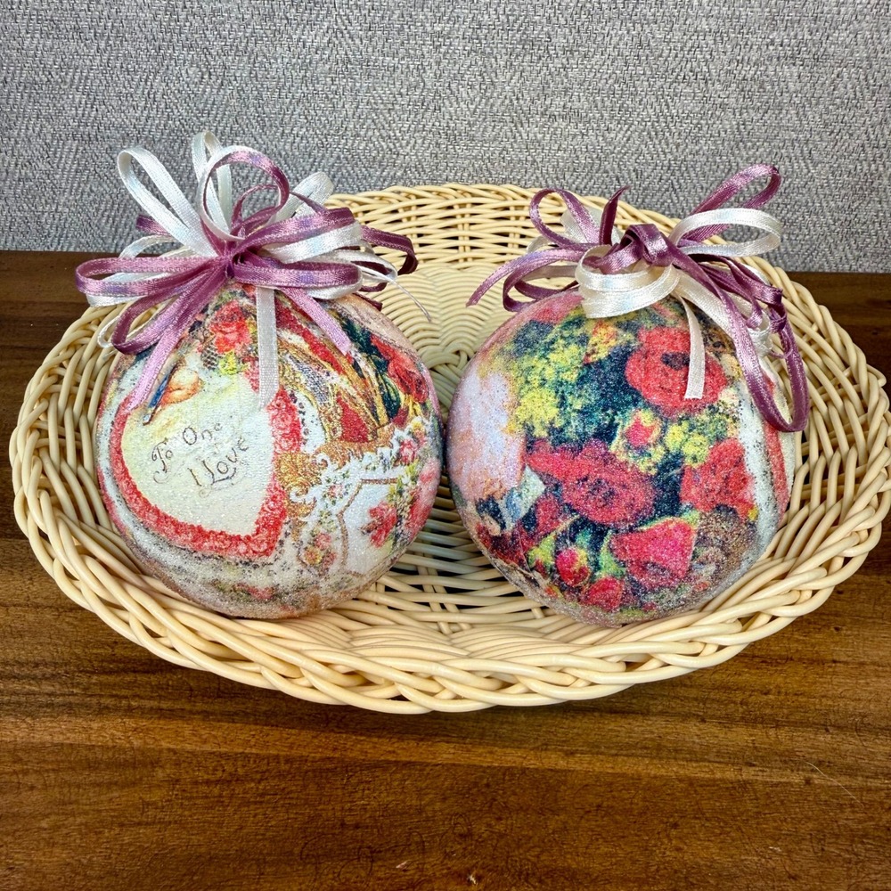 Vintage Set of 2 Victorian Shabby Chic Decoupage Christmas Ornaments Floral Rose